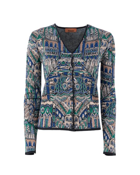 Shop MISSONI  Cardigan: Missoni cardigan in viscosa e lana lamé motivo Venezia.
Cardigan slim.
Lavorazione jacquard.
Motivo Venezia lamé.
Profili a contrasto.
Composizione: 55% viscosa, 40% lana, 5% fibra metalizzata.
Made in Italy.. DS24WM08 BK040R-S72GF